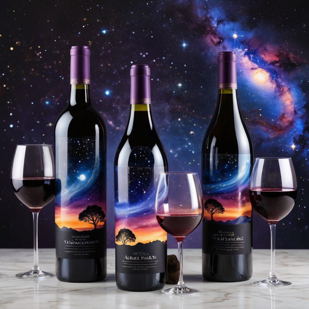A celestial landscape featuring a vast universe with swirling galaxies and clusters of stars, interspersed with elegant wine bottles and glasses that resemble planets. Each bottle exhibits unique labels inspired by constellations, and ethereal vines connect them, symbolizing the connection between wine and the cosmos. The night sky glows with vibrant colors - deep purples, blues, and shimmering golden hues. super-realistic. vivid colors. celestial atmosphere.
