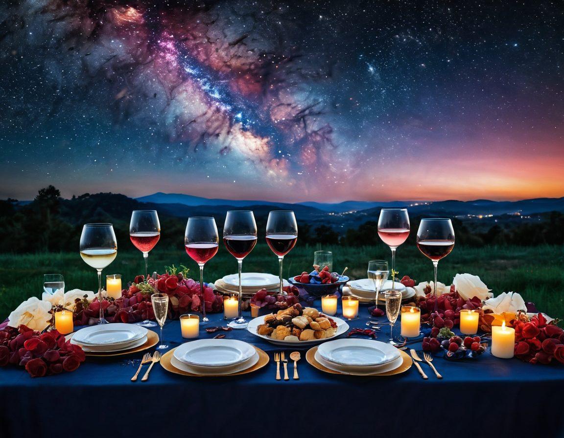 An elegantly arranged wine table under a starry night sky, featuring an assortment of celestial-inspired dishes paired with glasses of red and white wine. The background should showcase a vibrant galaxy with swirling nebulas, while sparkling stars hover above the table setting. Include a soft glow emanating from the food, emphasizing its artistic presentation and a sense of cosmic wonder. rich colors, dreamy atmosphere, super-realistic.