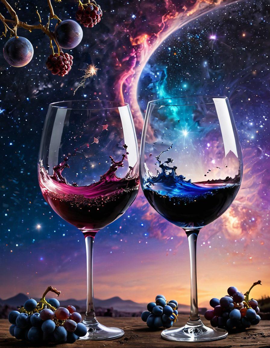 A cosmic vineyard scene with planets resembling different wine varietals, swirling constellations shaped like wine glasses, and regions depicted as colorful nebulae. Incorporate earthy tones of grapes merging with starry blues and purples to signify the universe of wine. Add a swirling comet with a corkscrew tail and tasting events illustrated as festive stars twinkling in the backdrop. vibrant colors. super-realistic.